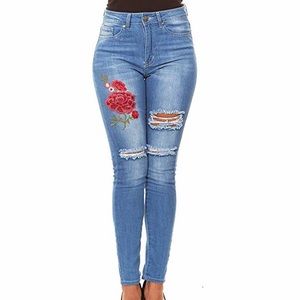 High waisted skinny distressed jeans